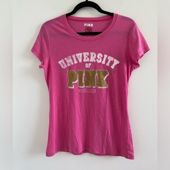 Victoria's Secret Pink Short Sleeve Gold Glitter Graphic Pink Tee Size L - Picture 1 of 12